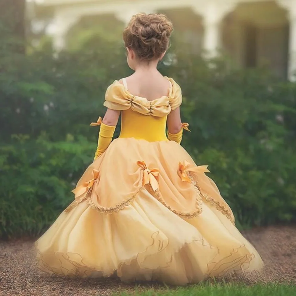 3-11T Girls Yellow Fancy Dress Children Beauty Beast Belle Princess Costumes Party Cosplay Cartoon Kids | Детская одежда и обувь