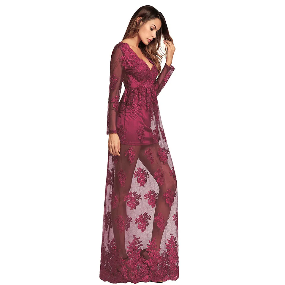 Wedtrend глубокий v-образным вырезом с длинным Кружево женское платье Длинные рукава