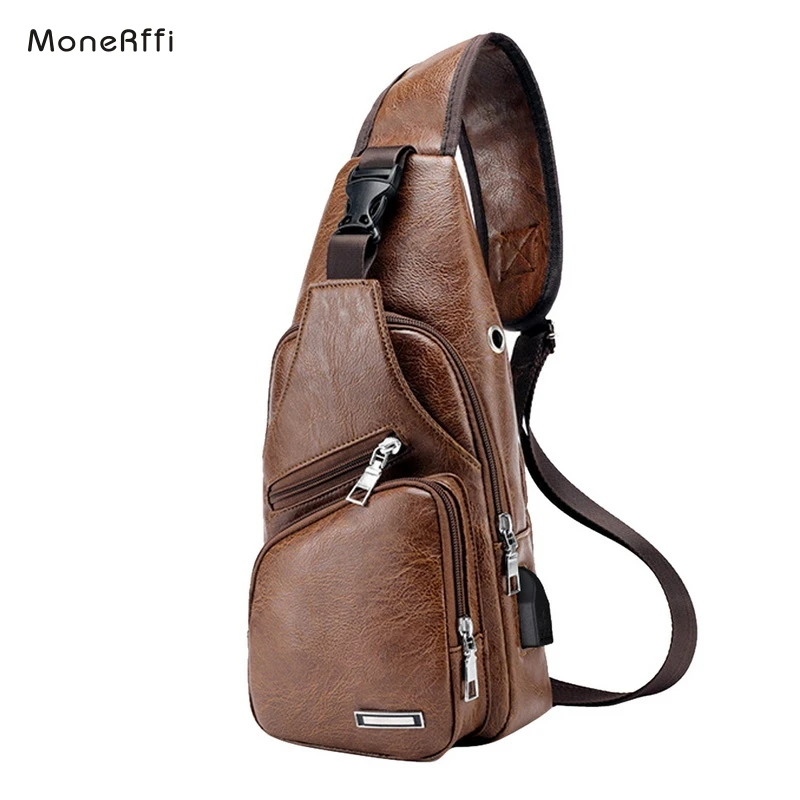 Мужская нагрудная сумка MoneRffi кожаная USB с отверстием для наушников дорожная - Фото №1