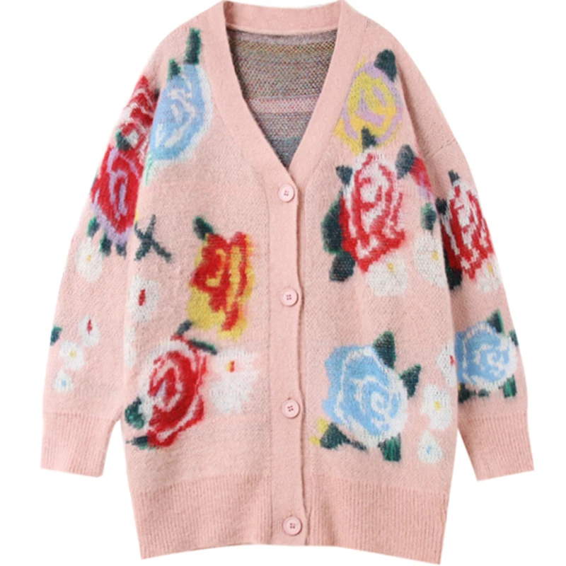 7Mang 2019 Spring Vintage Flower Sweater Women Long Sleeve Pink Black Korean Loose Harajuku Party Knit Cardigans 0102 |