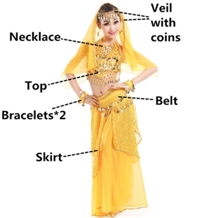 Yellow 6pcs Костюмы для танца живота, детские костюмы для восточных танцев, танцевальные костюмы для индийского танца живота, одежда для танца живота, детские индийские костюмы, 3 цвета - Цвет: Yellow 6pcs