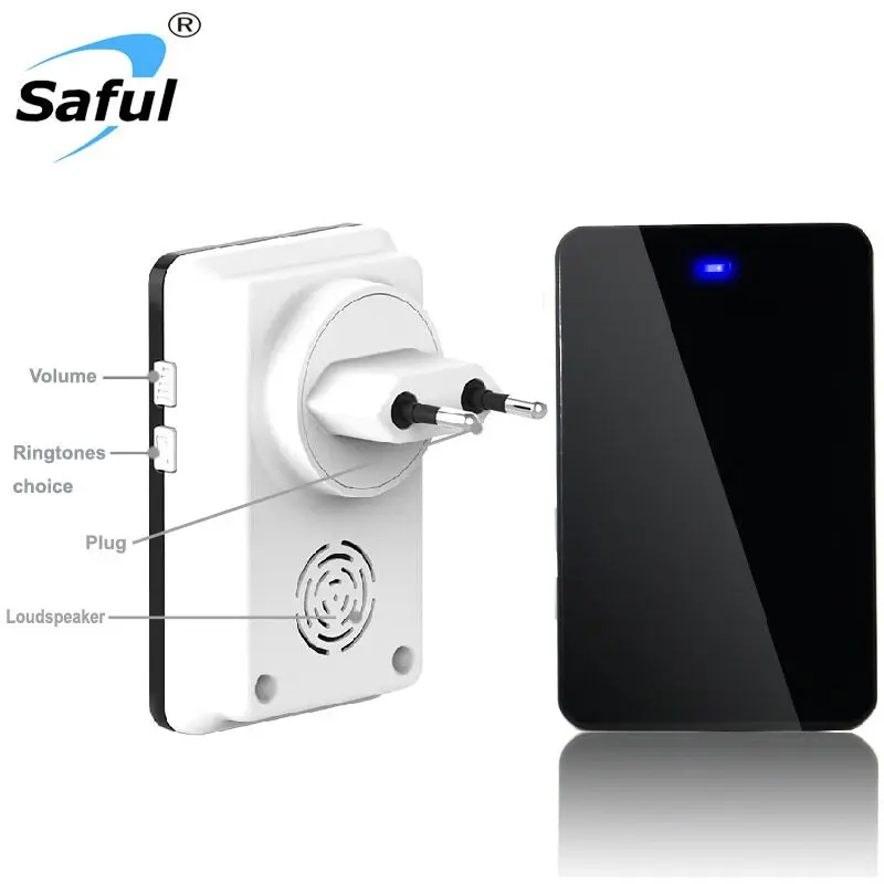 

Saful Plug-in EU/US/AU/UK Waterproof Push Button Wireless Doorbell 3 Outdoor Transmitters + 3 Indoor Receivers