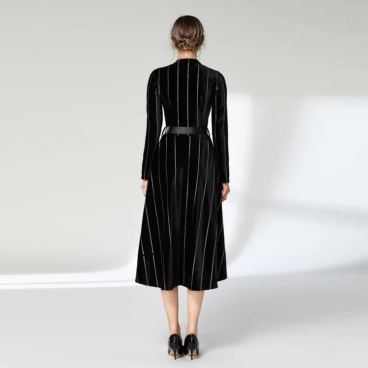 Shiny Gold Thread Striped Velvet Dress 2019 Winter Women Long Sleeve Thick Warm Female Vintage Velour Sashes | Женская одежда