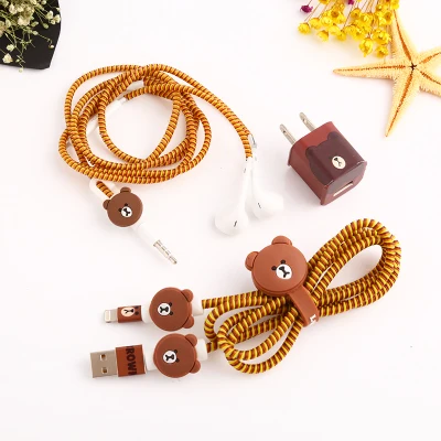 Brown bear Хороший подарок милый мультяшный usb-кабель протектор для Наушников набор с кабелем Стикеры для намотки спиральный usb-шнур с зарядным устройством для iphone 5 6 6s 7 plus - Color: Brown bear