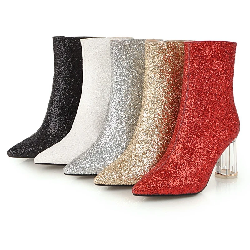 

ENMAYER New Arrival women round toe sequined cloth zip ankle boots lady round heel high heel boots Size 34-43 ZYL820