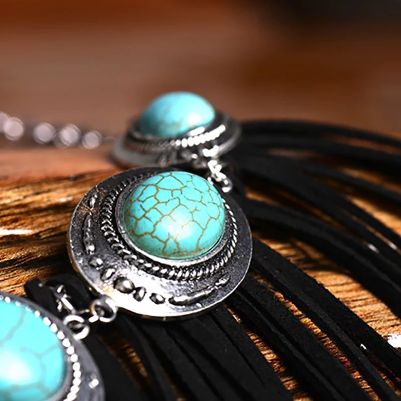 Богемное бахрома Цепочки и ожерелья Женщины Boho Винтаж серебро шеи замши с длинной бахромой цепи смолы реальный камень Этническая Цепочки и ожерелья