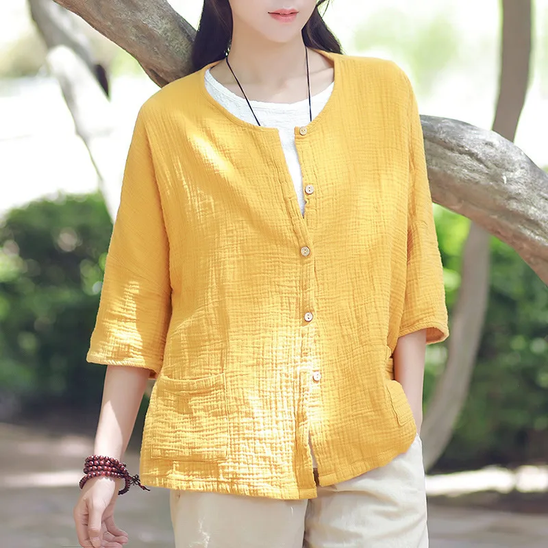 8 color Women Cotton linen Vintage Loose thin tops Cardigan Shirt Blouse Casual Summer Plus size with Pocket tees Blouse Shirts