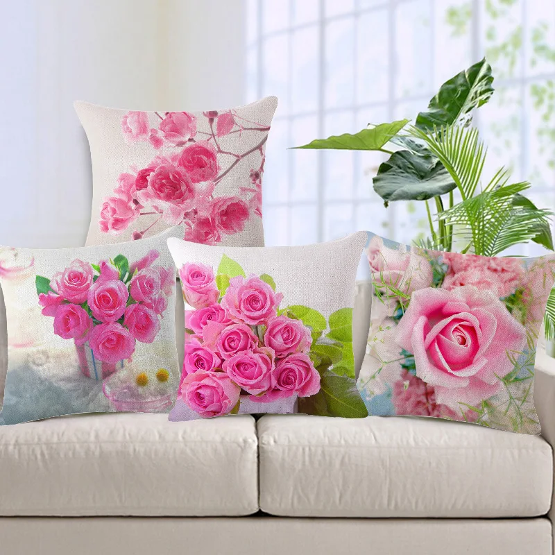 

Fashion High Quality Cotton Linen Beautiful Pink Rose Decorative Throw Pillow Case Cushion Cover Sofa Home Decor