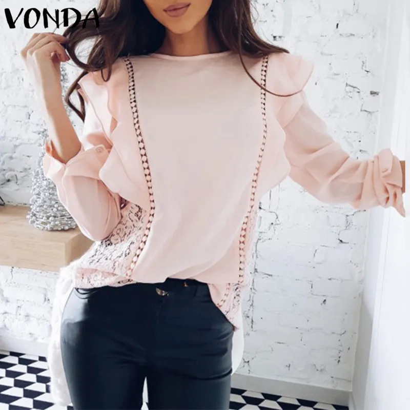 VONDA 2019 Для женщин Caual с длинным рукавом круглым вырезом Осенние блузки кружева