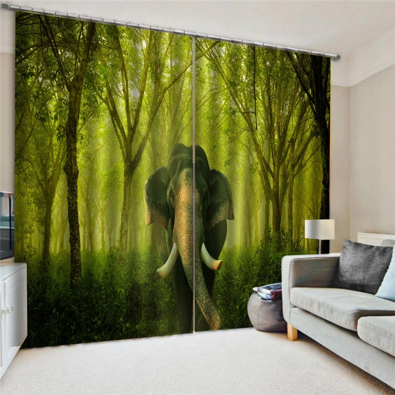 3D Тканевая Занавеска с изображением Солидного Слона в Лесу, Приближающегося зеленого пейзажа Африканской джунглей для спальни или гостиной.