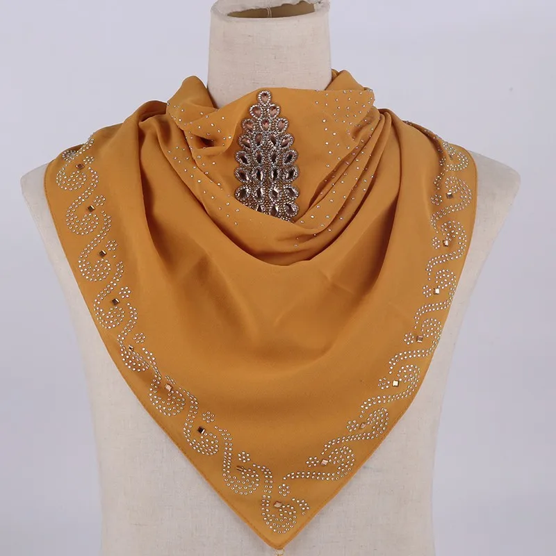 Летние шифоновые мусульманские квадратные шарфы Hijabs с изысканным Чешский горный хрусталь шаблон Дамы Длинный шаль на голову исламский 95x100 см