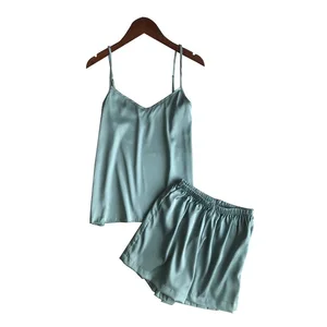 Бесплатная доставка, летний костюм-двойка из ледяного шелка, корейский модный однотонный сексуальный пижамный комплект, Женский Летний жилет, шорты, костюм, нижнее белье