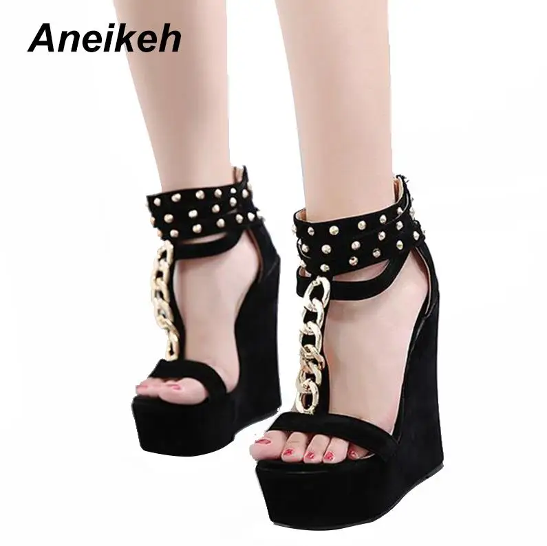 Black Aneikeh/женские босоножки; обувь на танкетке; Босоножки на платформе и высоком каблуке; женские сандалии-гладиаторы с открытым носком, Т-образным ремешком, металлической цепочкой, заклепками - Цвет: Black