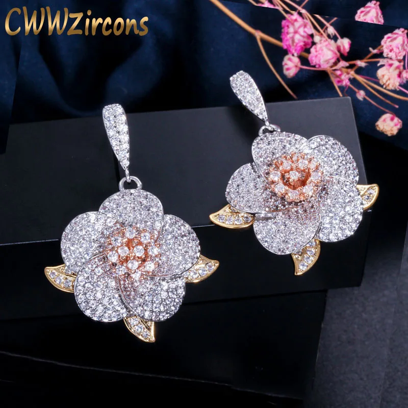 3 tones color CWWZircons 3 тона золотистого и серебристого цвета, кубический цирконий, большой геометрический цветок, серьги для женщин, роскошный бренд, ювелирное изделие, подарок CZ448 - Окраска металла: 3 tones color