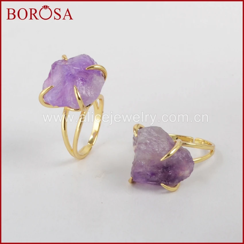 

BOROSA Size 6 Gold Color Claw Setting Rough Amethysts Druzy Ring Gems Ring Jewelry Fashion Jewelry for Women ZG0133
