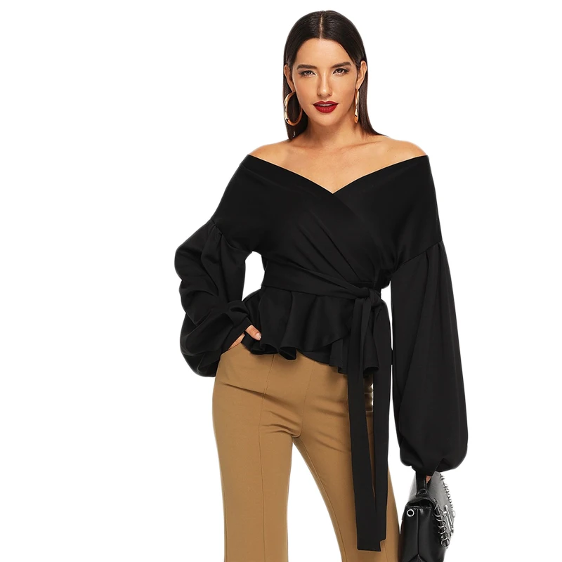 SHEIN белая офисная женская элегантная блузка с рукавом-фонариком и баской с открытыми плечами, Осенние сексуальные женские топы и блузки