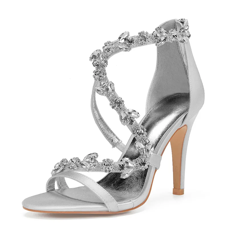 silver 1 OnnPnnQ на высоком каблуке стразы свадебные босоножки Обувь Для женщин с открытым носком из сатина с застежкой-молнией на спине ремешок Вечеринка летних женских сандалий - Цвет: silver 1