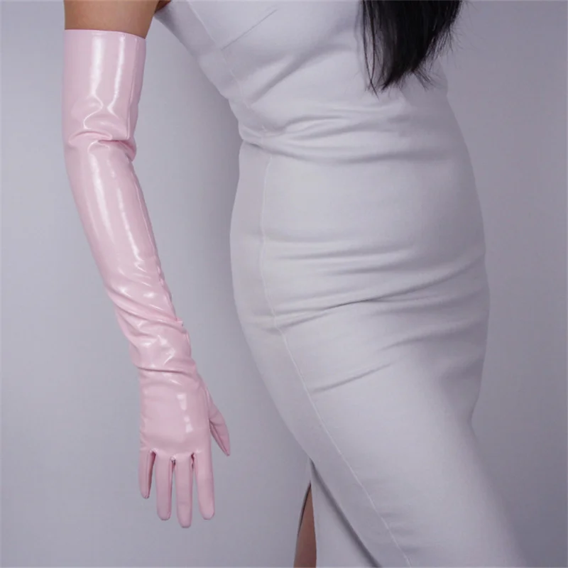 leather pink 60CM Лакированная кожа 21 см короткие перчатки короткие имитация кожи зеркало яркая кожа Вишневый порошок светильник розовый QPFH21 - Цвет: leather pink 60CM