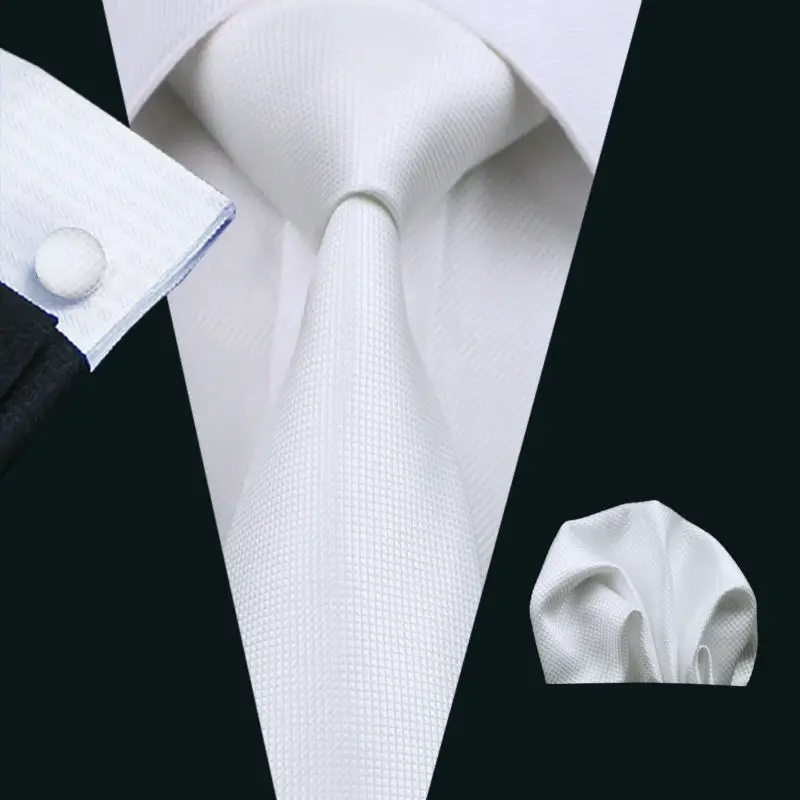 

LS-341 Hot Ties White Solid Fashion 100% Silk Jacquard Woven Tie Hanky Cufflink Set For Men Formal Wedding Party Free Postage