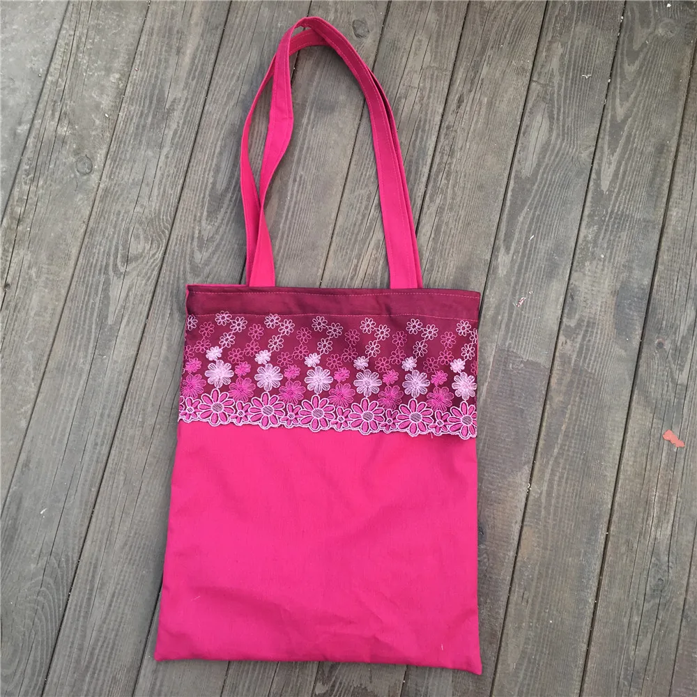

Solid Rosy Cotton Linen Eco Shopping Tote Shoulder Bag Embroidery Lace YILE 812e