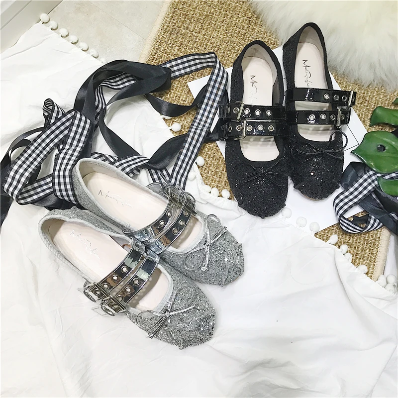 Сладкий бабочкой блестящие балетки на плоской подошве Riband крест ремешок с