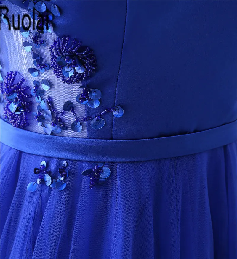 

In Stock Royal Blue Custom Made Tulle Boat Neck A Line Floor Length Spaghetti Strap Formal Evening Dresses For Wedding Party