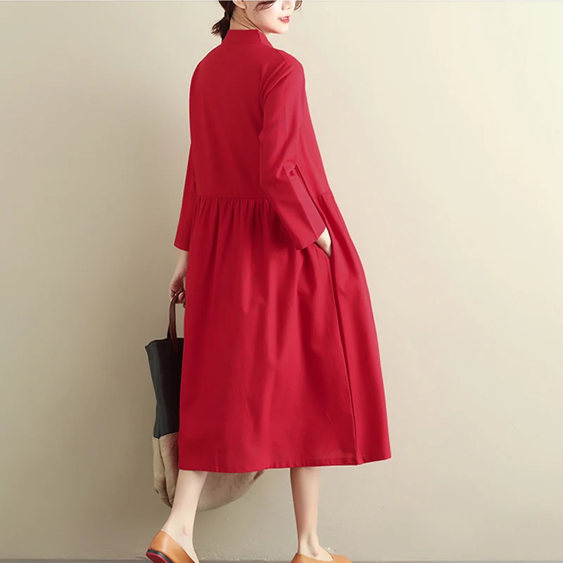 2019 Long Sleeve spring Autumn Dress Folk Style Women's Cotton Linen Turn-down Collar Casual Dresses Buttons Pockets aa886 | Женская