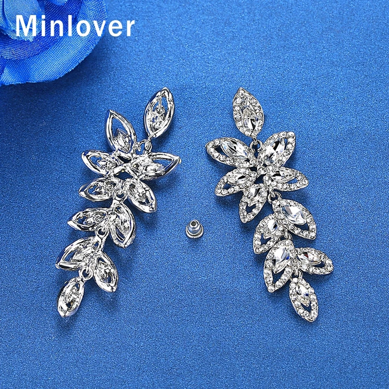Свадебные серьги Minlover с листьями серебряного цвета для женщин Роскошные Стразы