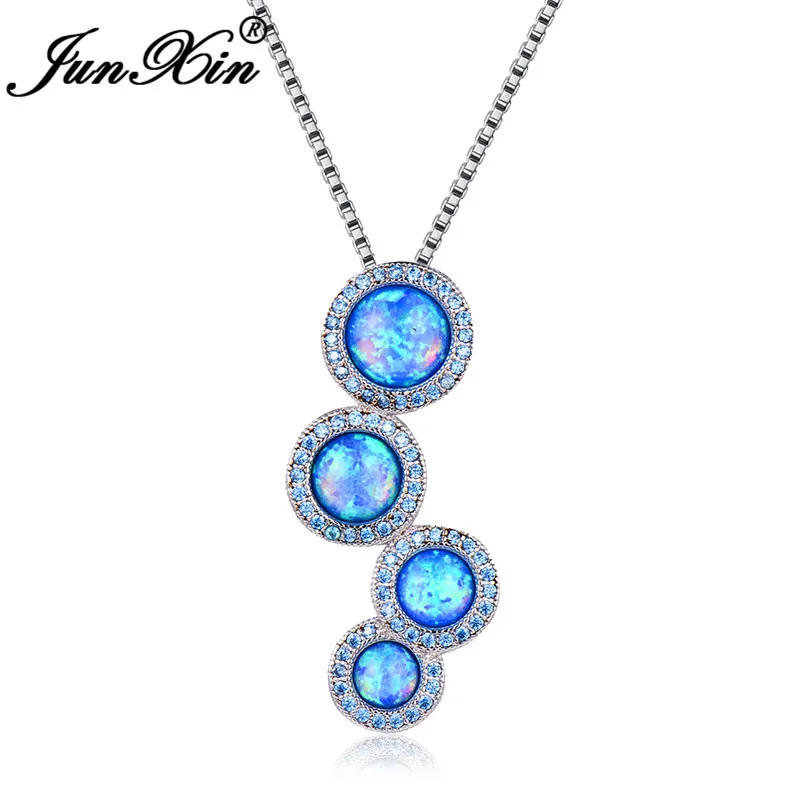 Blue Opal Necklace JUNXIN роскошное женское сине-белое огненное опаловое ожерелье с подвеской для женщин, 925 пробы, серебряное, фиолетовое, CZ круглое ожерелье с камнем рождения - Окраска металла: Blue Opal Necklace