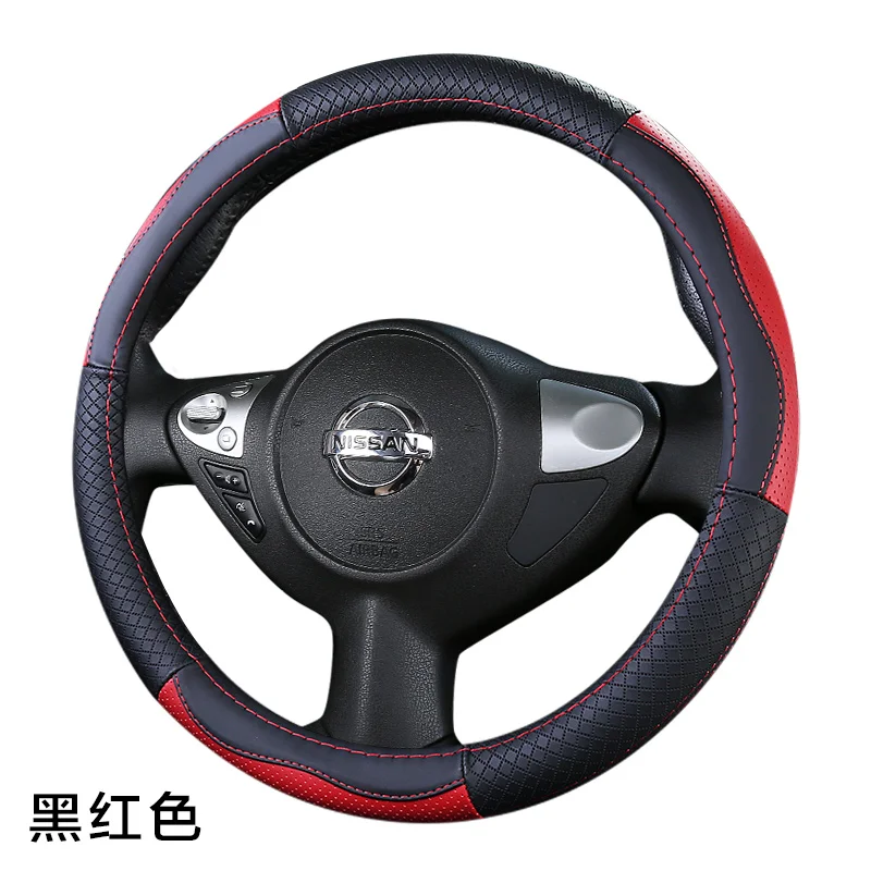 black with red Верхний слой кожаный руль чехлы для Nissan Juke пинает Rogue Sport Qashqai X-Trail Murano Xterra Pathfinder Armada Quest - Название цвета: black with red