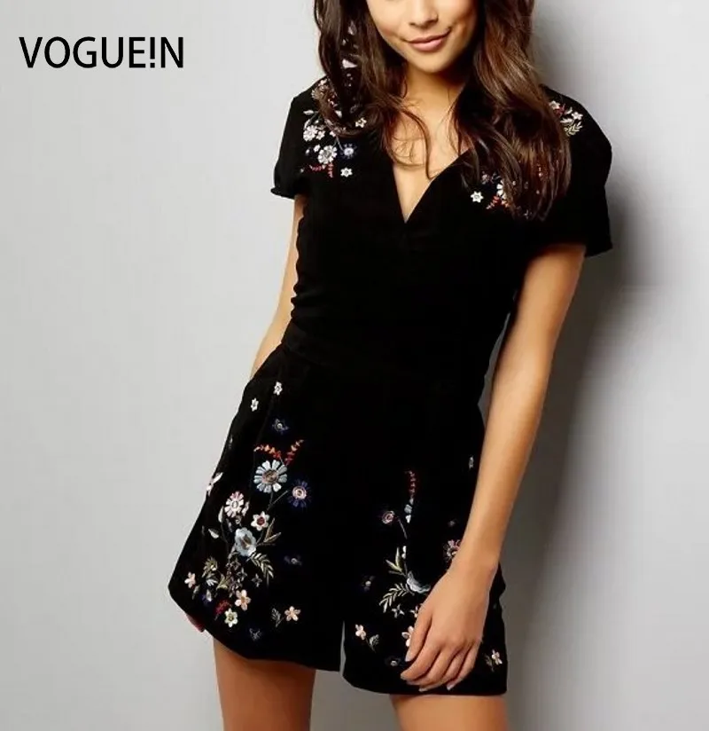 VOGUE! Новые женские черные шорты с цветочной вышивкой комбинезон для подвижных игр