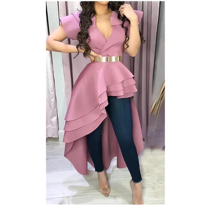 Женская блузка с асимметричным подолом однотонная Длинная v-образным вырезом и