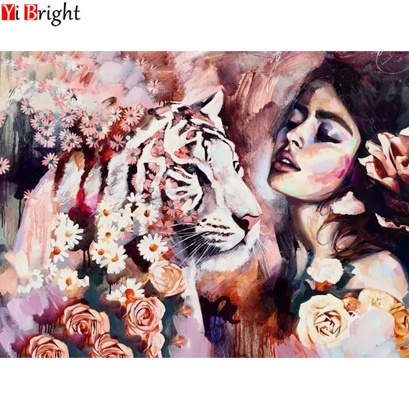 Full Square Diamond Painting Beauty And Tiger Embroidery Animal 5D Mosaic Picture Of Rhinestones XY1 | Дом и сад