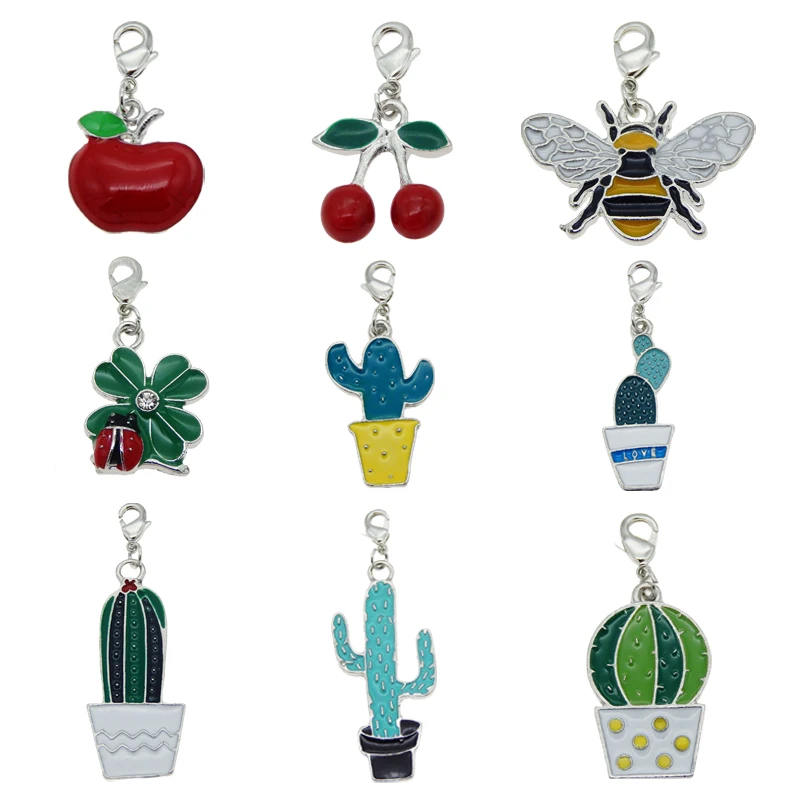 

Julie Wang 4PCS Enamel Bee Apple Cactus Cherry Keychains Alloy Lobster Buckle Clasp Charms Key Chains Handmade Jewelry