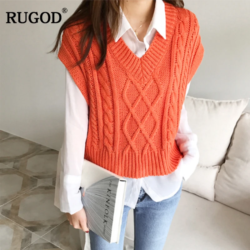 RUGOD 2019 New WinterEngland Style Pullovers fashion wild diamond-shaped twist woven V-neck wool short vest sweater women | Женская
