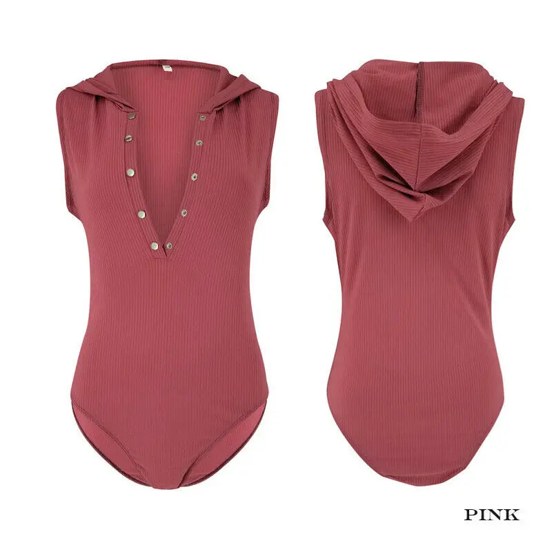New Women Bodysuit Stretch Leotard Ladies Sleeveless Body Tops Hooded Jumpsuit Deep V Neck Sexy Solid Bodysuits | Женская одежда