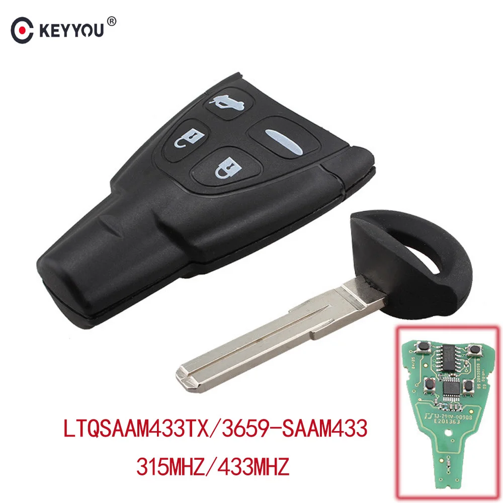 

KEYYOU 433MHZ/315MHZ LTQSAAM433TX 4 Button Fob Keyless Entry Remote Control Key Replacement For Saab 9-3 93 ID46 - PCF7946 Chip