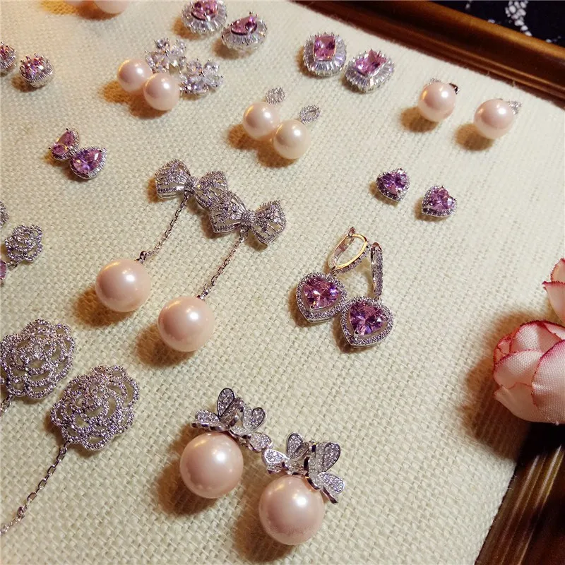 Серьги из серебра S925 пробы с натуральным жемчугом и фианитом|aretes vintage|aretes crystal |