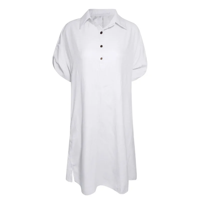 Женское льняное платье с коротким рукавом V образным вырезом и карманами|Женские