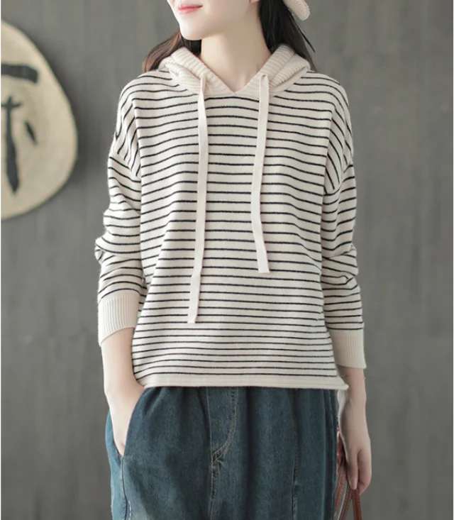 Autumn Sweater Women Fashion Loose Casual Tops New Mori girl Hooded Long-sleeved Striped High Quality Blended Female | Женская одежда