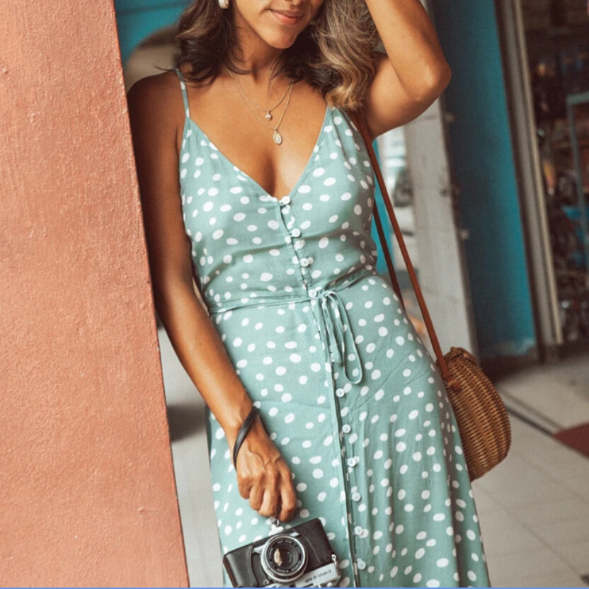 Женское платье в горошек летнее Бандажное с v-образным вырезом Пляжная туника