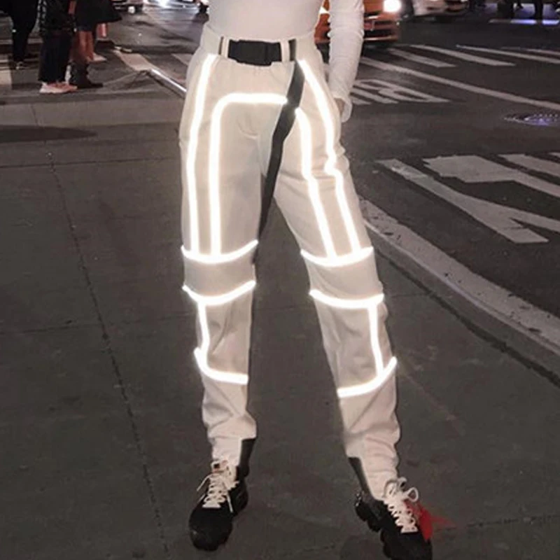 

Fashion Streetwear Flash Reflective Joggers Women High Waist Pants with Buckle Belt Ladies Reflective Trousers Casual Pants