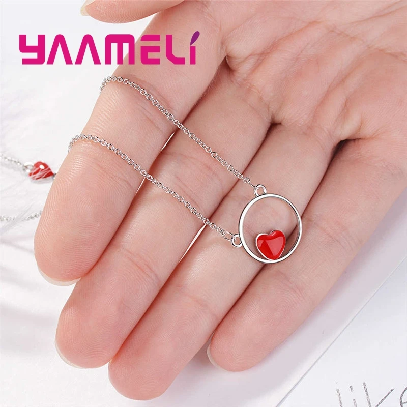 

Sweet Romantic Red Heart Shape Pendant Necklace For Women Girls 925 Sterling Silver Jewelry For Wedding Anniversary Present Hot