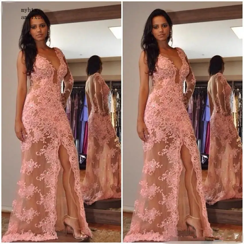 

Pink Evening Dresses 2020 Mermaid Cap Sleeves Lace Beaded Slit Sexy Islamic Dubai Saudi Arabic Long Elegant Evening Gown Party