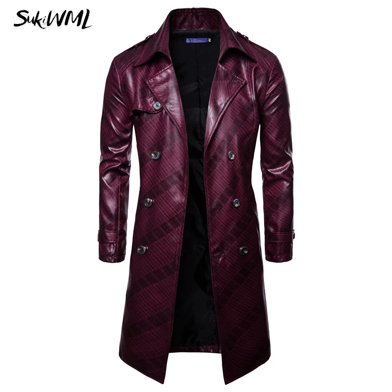 SUKIMWL Тренч Homme 2018 новый модный мужской длинный плащ из искусственной кожи Осенняя
