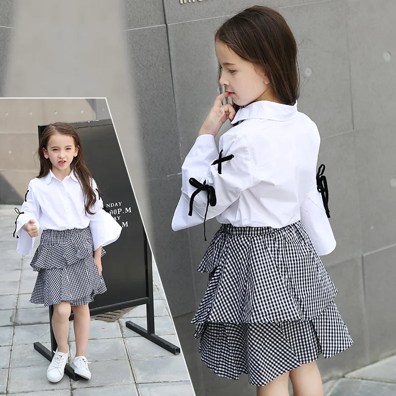 Летняя белая блузка для девочек рубашка хлопковая с рукавами пагода + черная