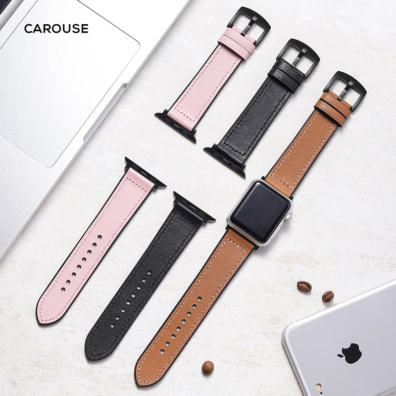 

Carouse Genuine Cow Leather&Silicone Watchband for Apple Watch Band Series SE/6/5/4/3/2/1 38mm 42mm Strap for iwatch 40mm 44mm
