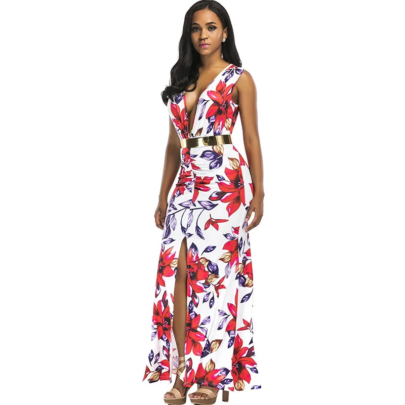 Женское длинное платье с V образным вырезом без рукавов|Женские платья| |