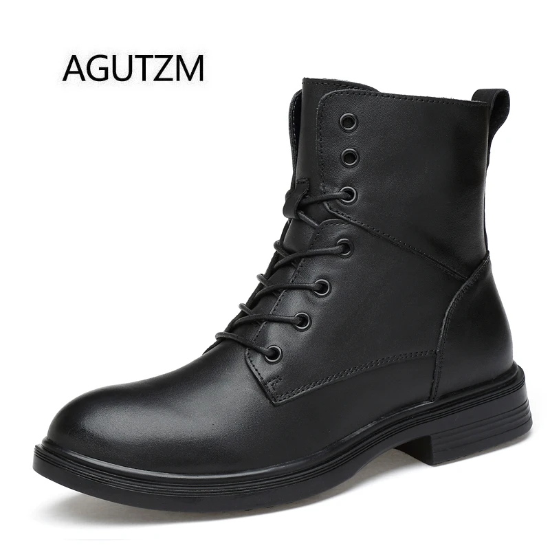 AGUTZM/9958 г. Новые черные модные мужские зимние ботинки с плюшем, натуральная кожа, осенние мужские Ботильоны размера плюс: 35-50