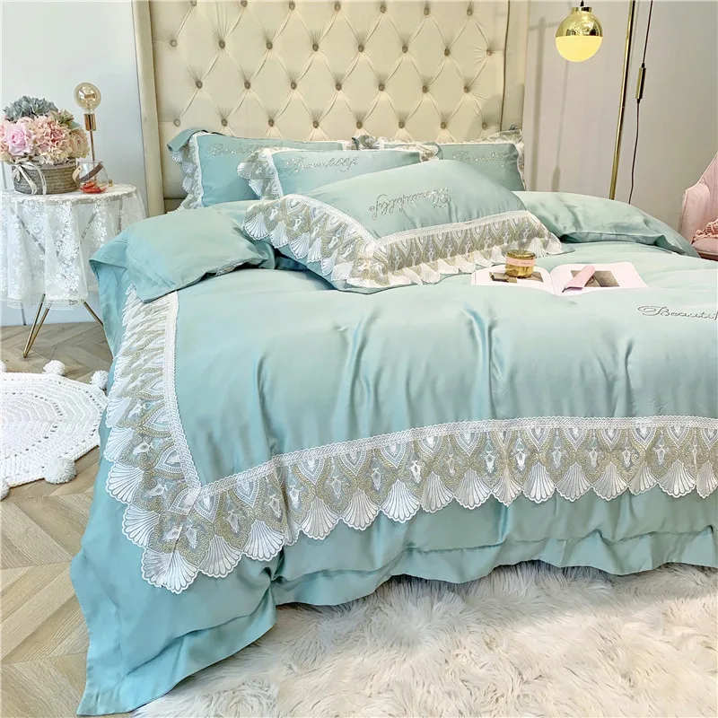 Luxury Green Pink Blue Gray 100S Tencel Silk Princess Girl Bedding Set Lace Queen King Size Duvet Cover Bed Sheet Pillowcases | Дом и сад